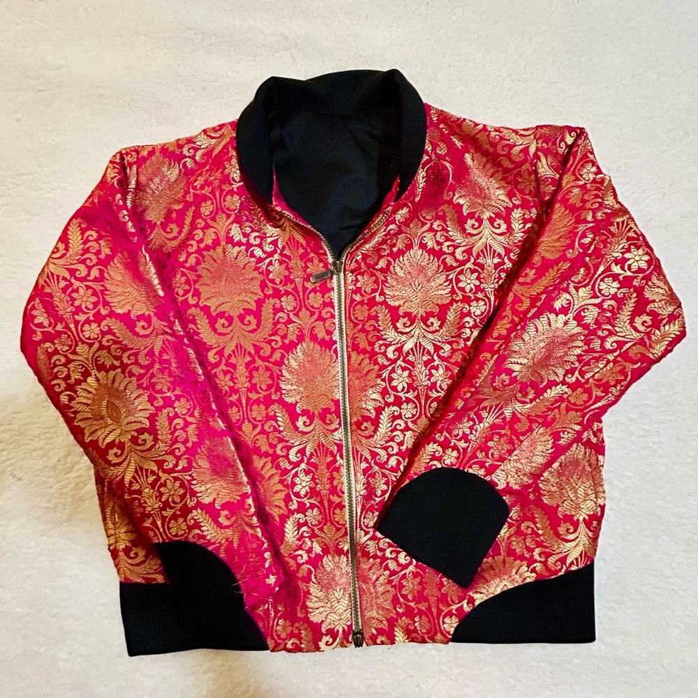 Red and Gold Bomber Jacket with Intricate Embroidered Design Size M